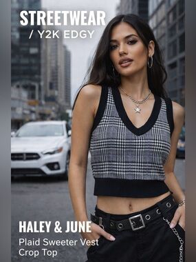 Haley & June Plaid Sweater Vest Crop Top